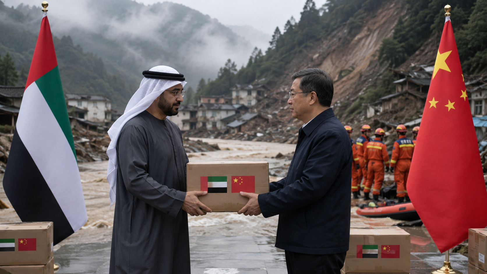 AI-generated editorial illustration for GulfPulse News coverage of UAE expresses solidarity with China, conveys condolences over victims of floods and landslides.