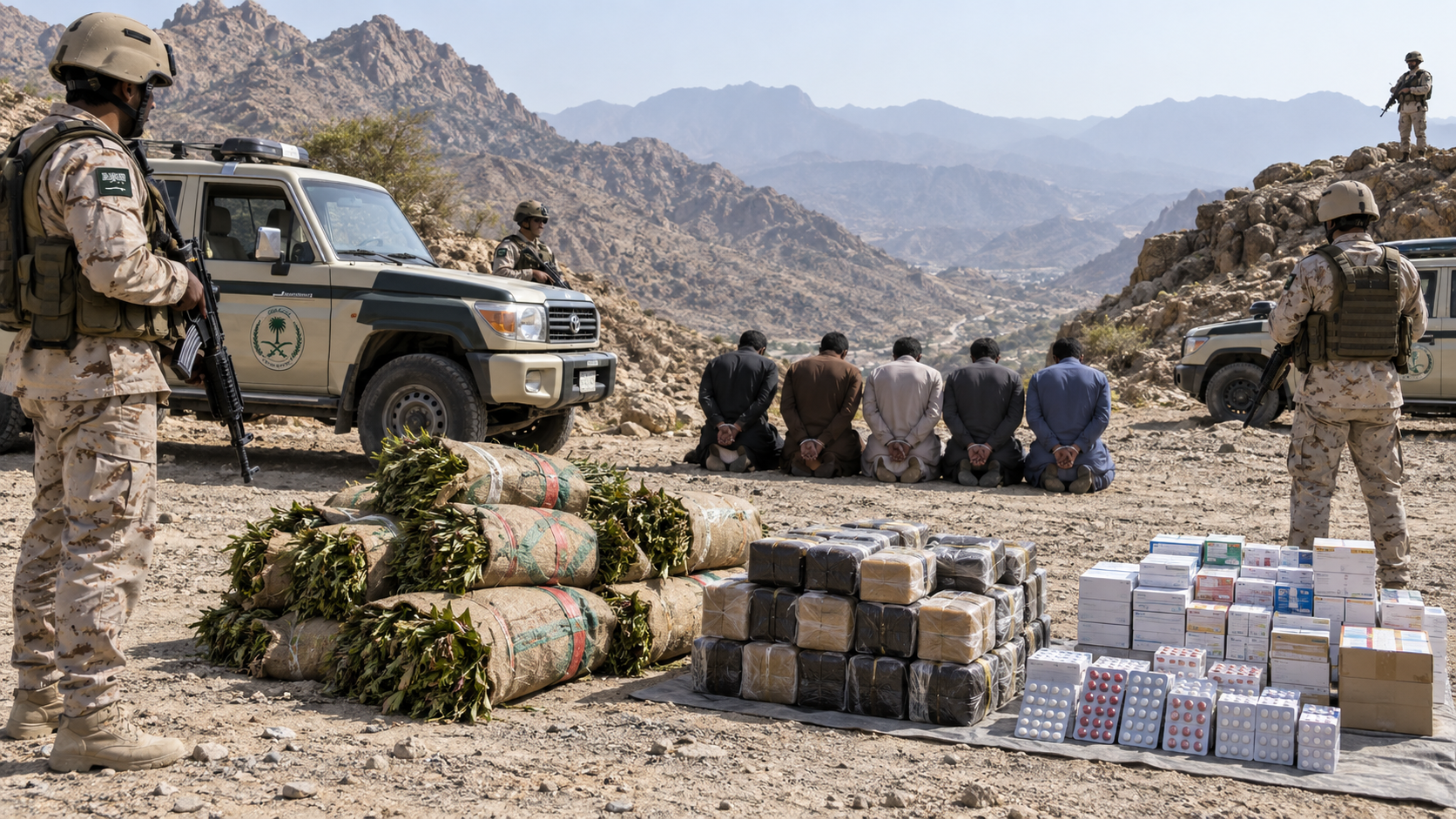 AI-generated editorial illustration for GulfPulse News coverage of Border Guard arrests 5, seizes 150 kg of khat, 30 kg of hashish in Jazan, Najran.