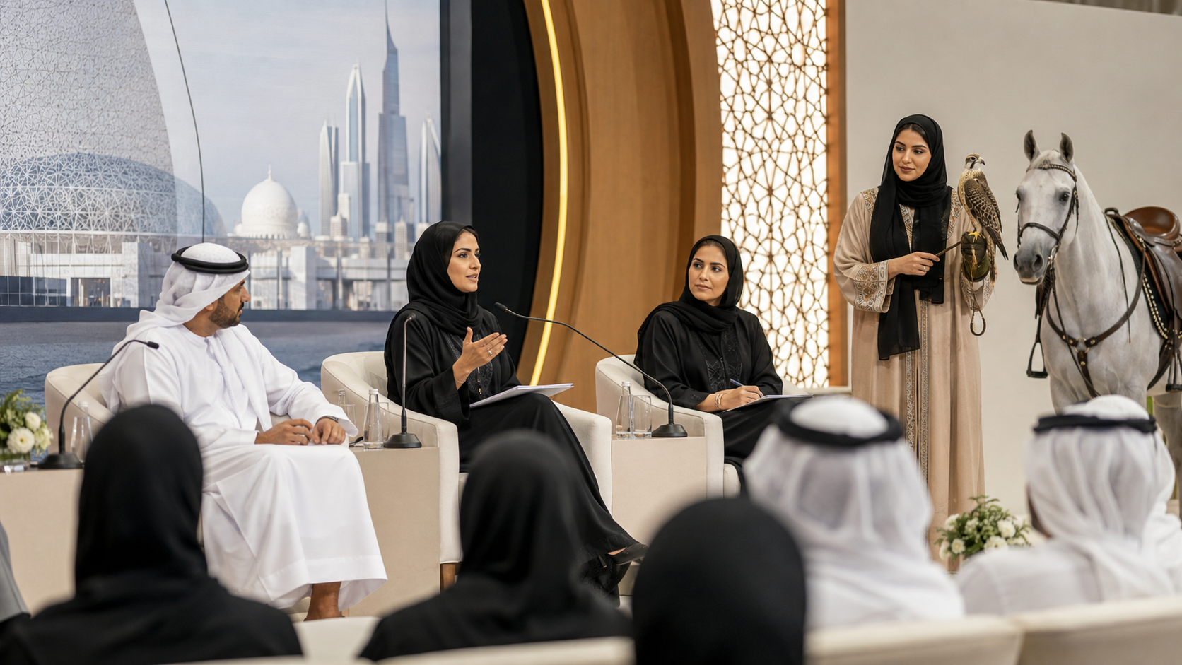 AI-generated editorial illustration for GulfPulse News coverage of ADJD discusses legal, legislative framework, alongside empowerment of Emirati women in traditional sports.