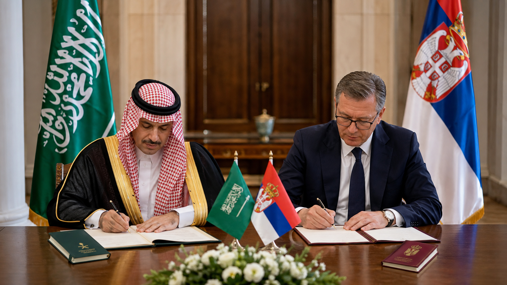AI-generated editorial illustration for GulfPulse News coverage of Saudi Arabia, Serbia sign mutual visa exemption agreement for diplomatic, special passports.