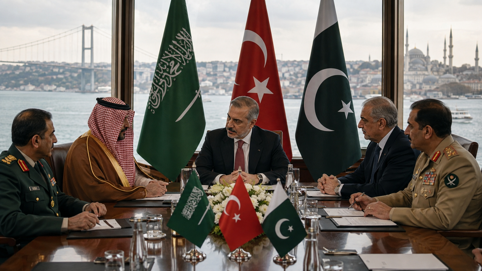 AI-generated editorial illustration for GulfPulse News coverage of First Makkah Joint Defense Pact strategic committee meeting set for Istanbul on Monday.
