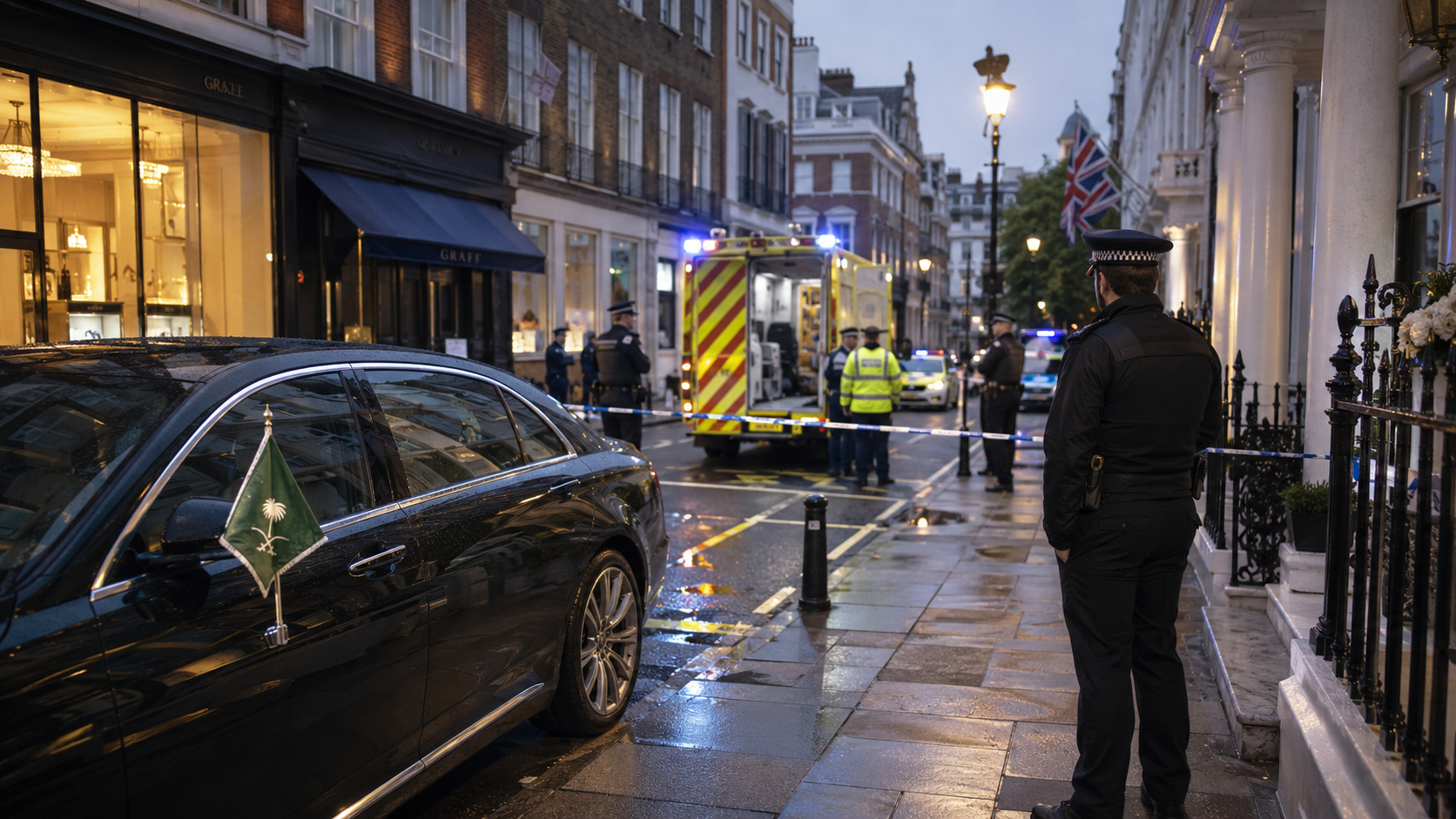 AI-generated editorial illustration for GulfPulse News coverage of Saudi citizen stabbed in London’s Mayfair: Embassy.