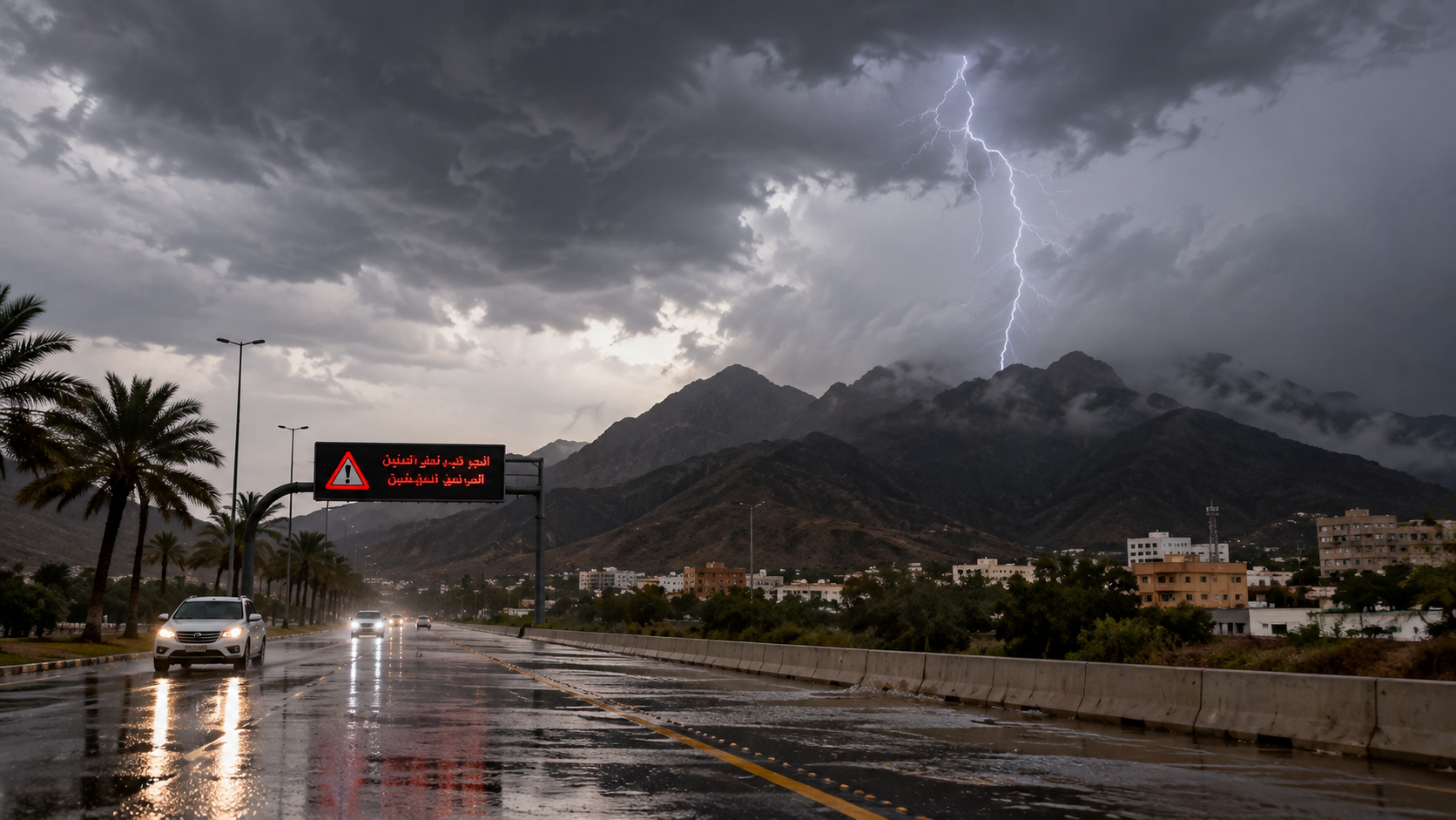 AI-generated editorial illustration for GulfPulse News coverage of Red alerts issued as thunderstorms, hail and flash floods sweep across Saudi regions.