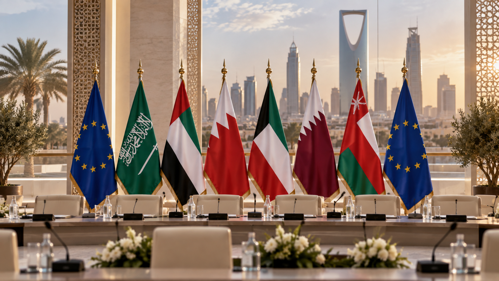 AI-generated editorial illustration for GulfPulse News coverage of Saudi Arabia to host second EU-GCC Summit on Oct. 24.