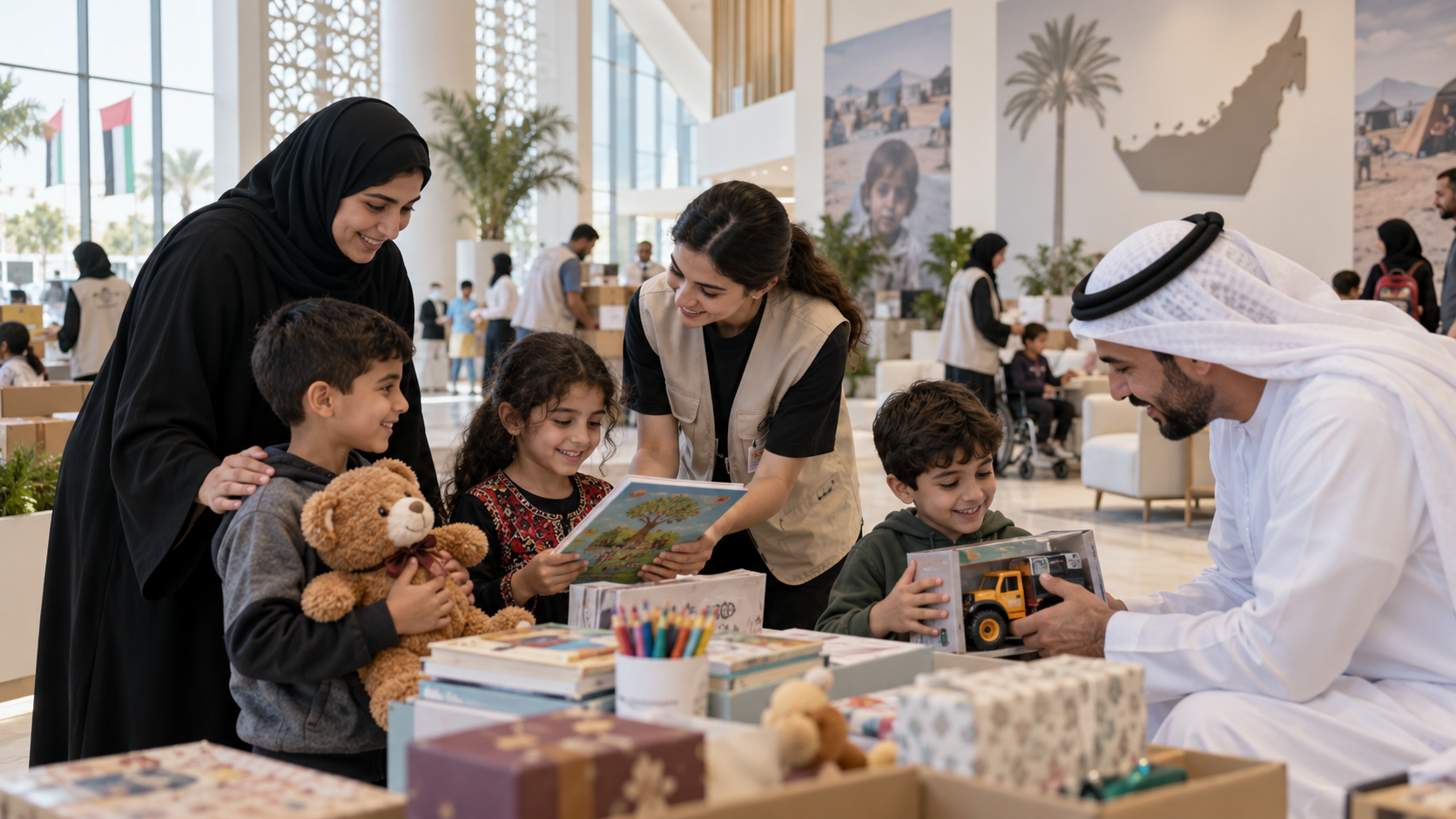 AI-generated editorial illustration for GulfPulse News coverage of Make-A-Wish UAE fulfils 18 wishes for children from Gaza at Emirates Humanitarian City.