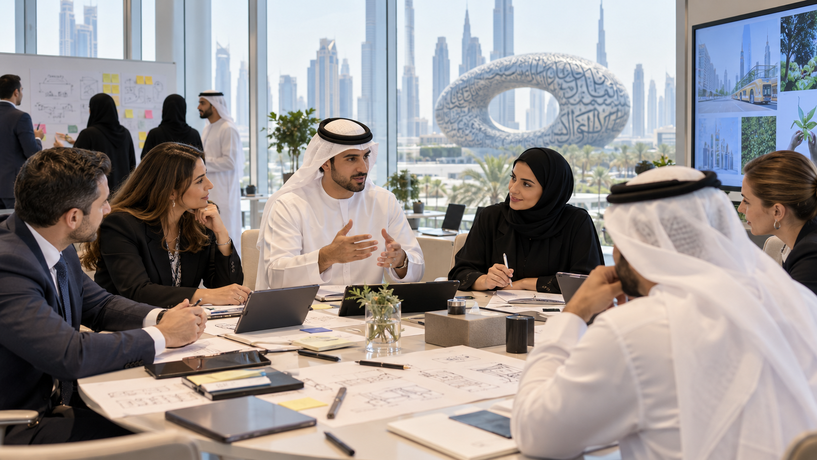 AI-generated editorial illustration for GulfPulse News coverage of Dubai Future Foundation launches fourth cohort of Lead and Design Programme.