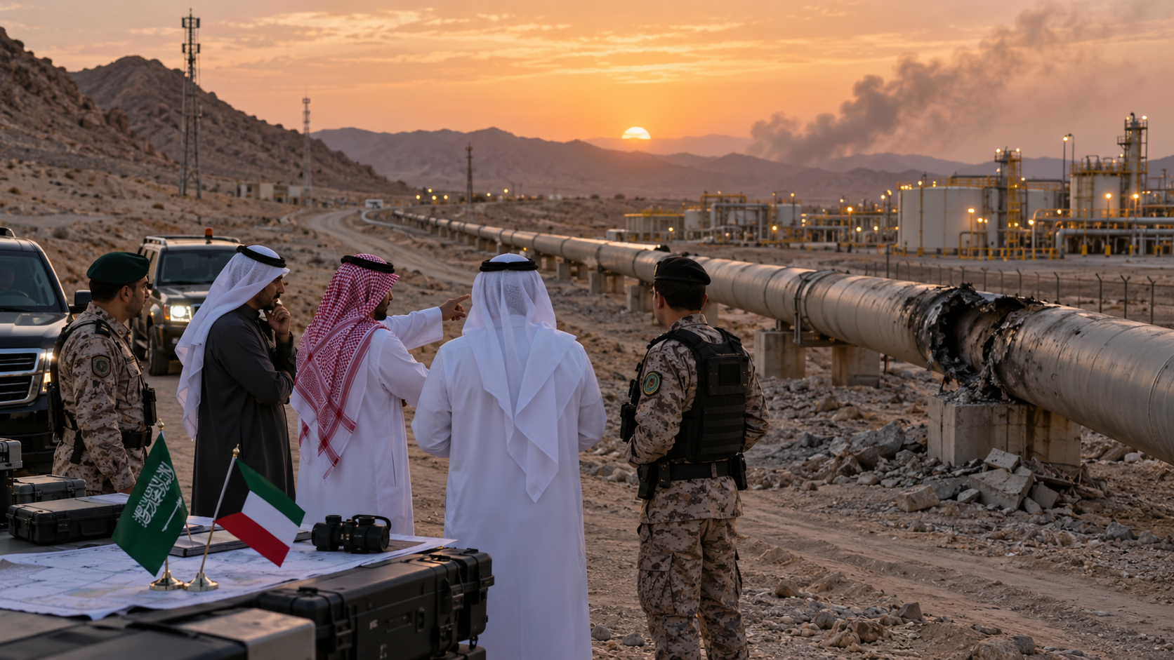 AI-generated editorial illustration for GulfPulse News coverage of Kuwait condemns drone attack on Saudi pipeline.