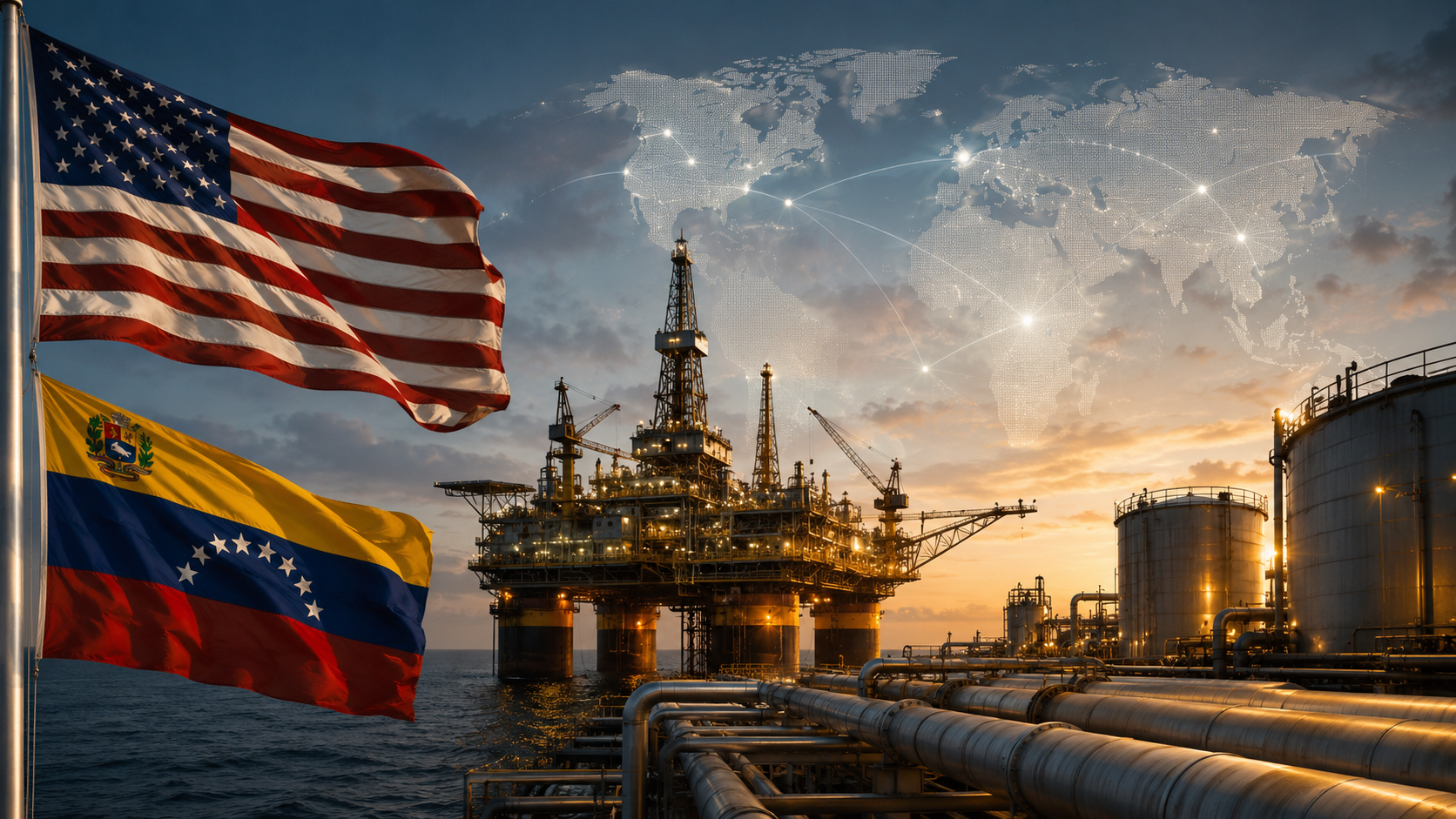 AI-generated editorial illustration for GulfPulse News coverage of US strikes deal to control 65 billion barrels of Venezuela's oil reserves.
