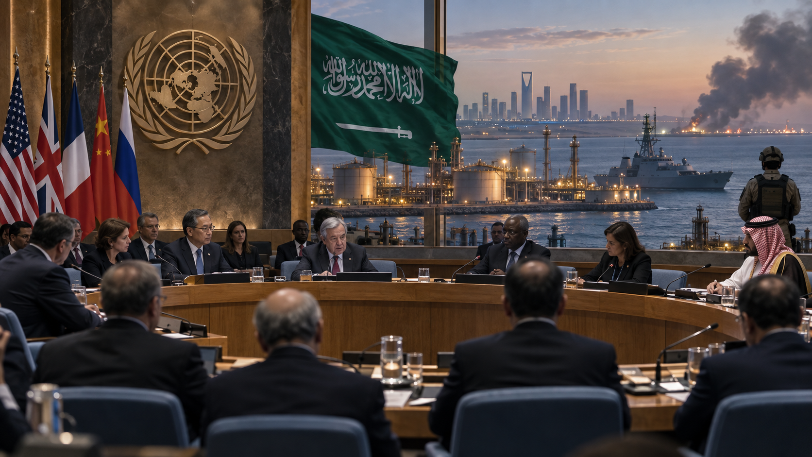 AI-generated editorial illustration for GulfPulse News coverage of UNSC condemns Houthi attacks; affirms solidarity with Saudi Arabia in confronting aggression.