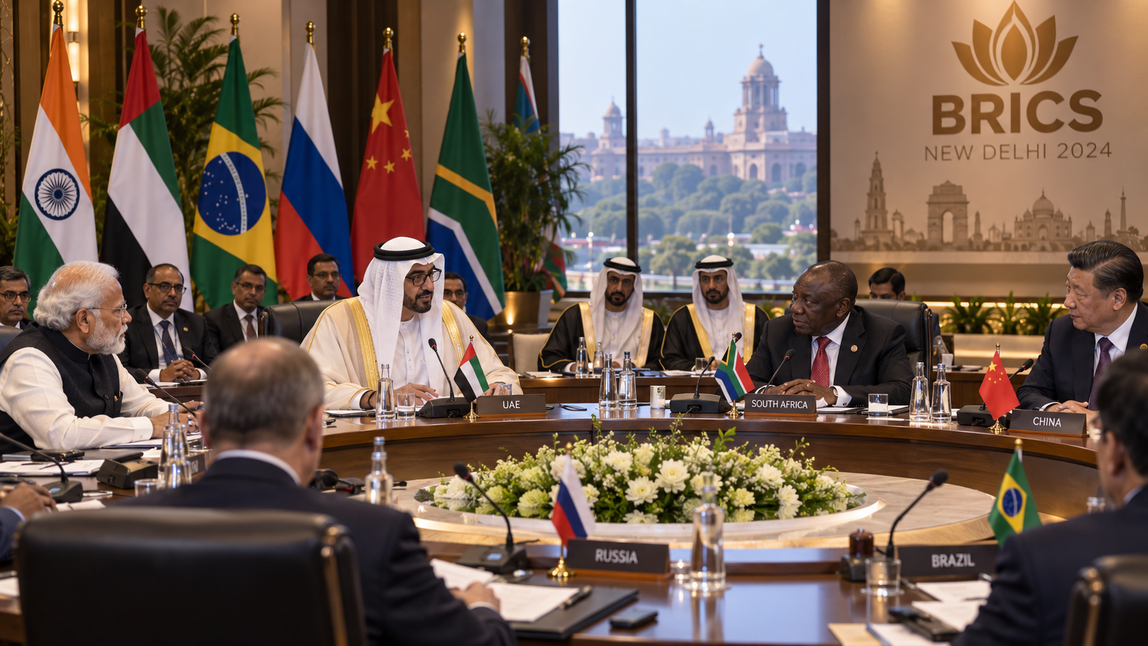 AI-generated editorial illustration for GulfPulse News coverage of On behalf of UAE President, Crown Prince of Abu Dhabi leads UAE delegation at 18th BRICS Summit.