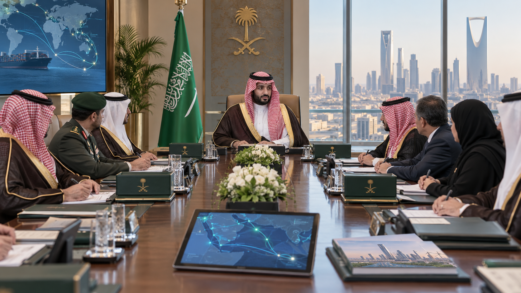 AI-generated editorial illustration for GulfPulse News coverage of Saudi Arabia affirms resolve to defend sovereignty, protect citizens and expats.