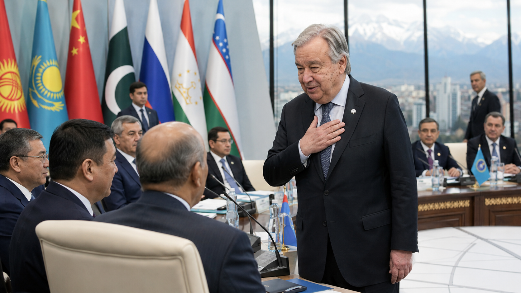 AI-generated editorial illustration for GulfPulse News coverage of At SCO summit in Kyrgyzstan, Guterres calls for more representative global governance.
