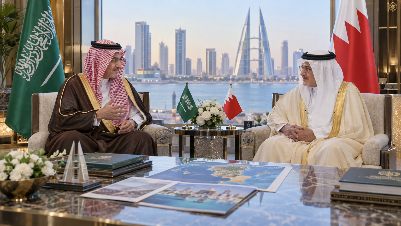 AI-generated editorial illustration for GulfPulse News coverage of Saudi minister, Bahrain’s deputy PM discuss strengthening tourism cooperation.