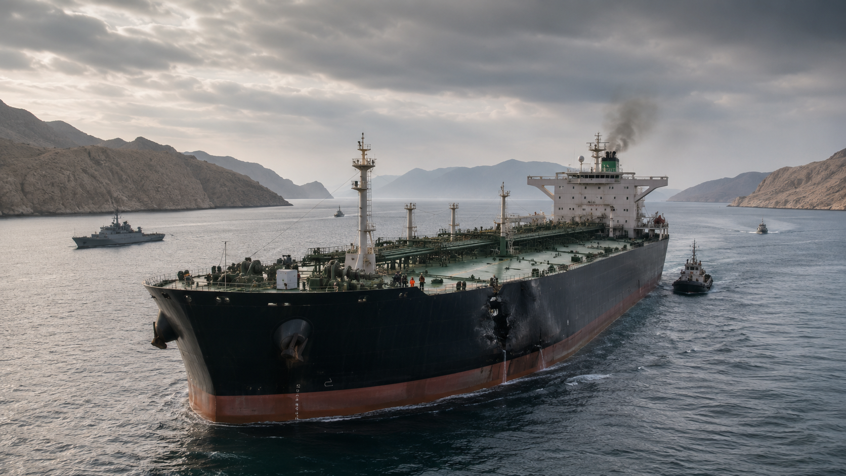 AI-generated editorial illustration for GulfPulse News coverage of GCC, Qatar, Jordan condemn Iranian attack on Saudi tanker in Strait of Hormuz.