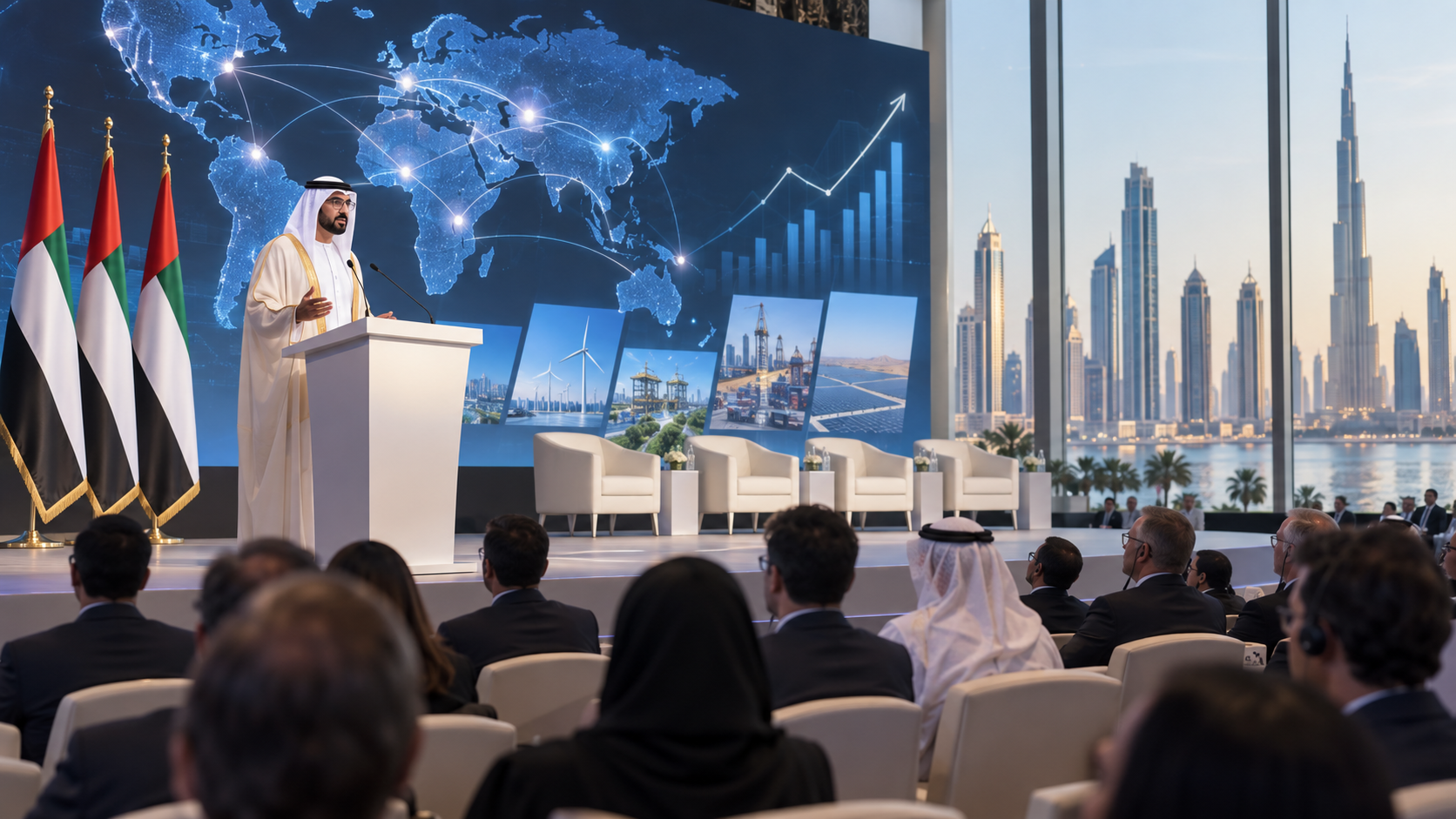 AI-generated editorial illustration for GulfPulse News coverage of UAE represents leading investment model: Union of Arab Chambers Secretary-General.