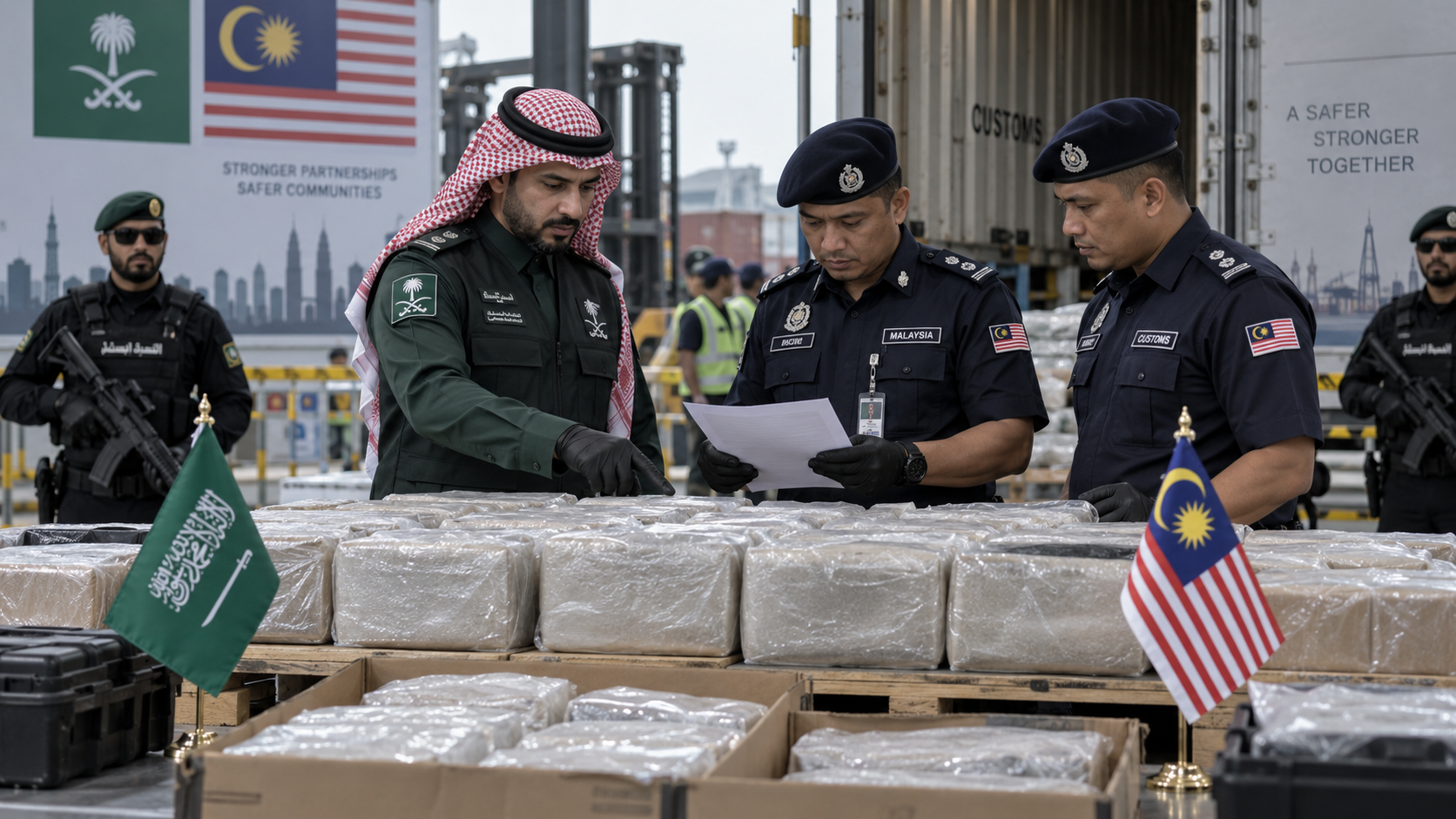 AI-generated editorial illustration for GulfPulse News coverage of Saudi-Malaysian security cooperation foils smuggling of 505 kg of ketamine.