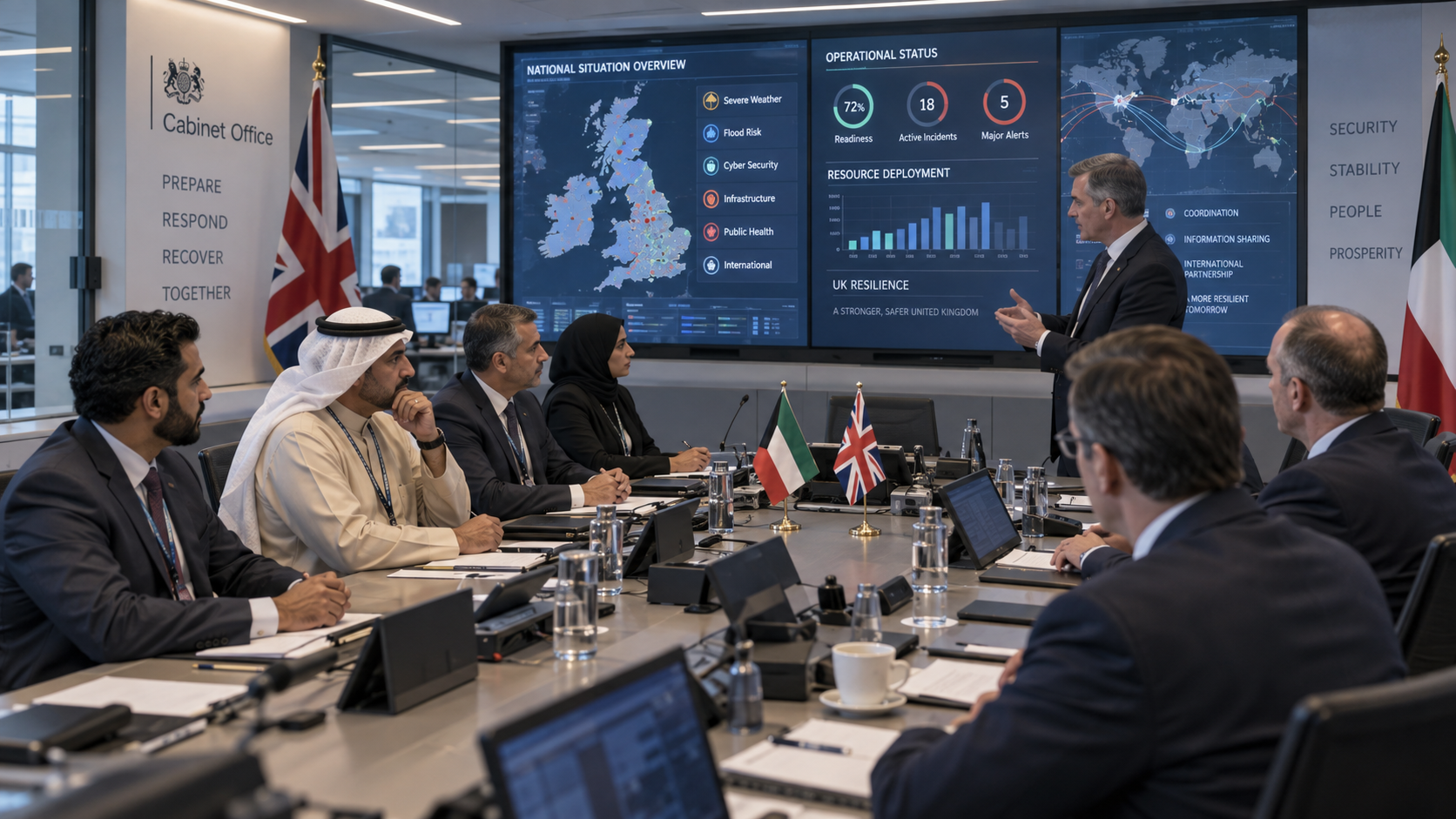 AI-generated editorial illustration for GulfPulse News coverage of AMAN team studies United Kingdom crisis management system.