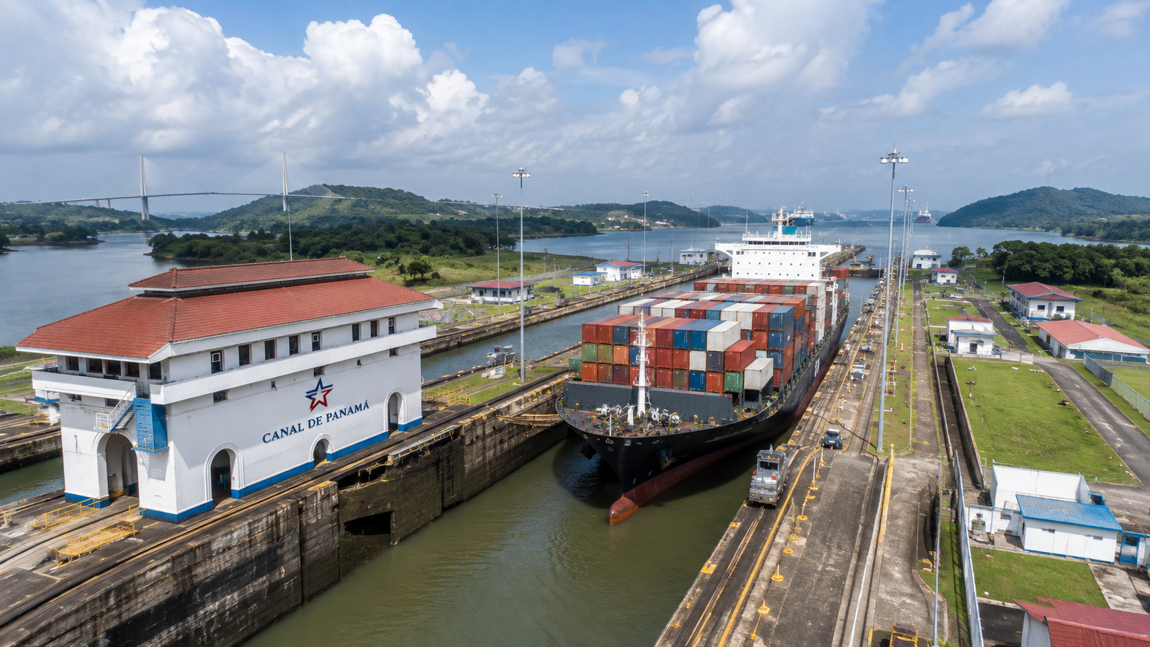 AI-generated editorial illustration for GulfPulse News coverage of Panama Canal sees $5.56 billion revenue in FY2027 budget proposal.