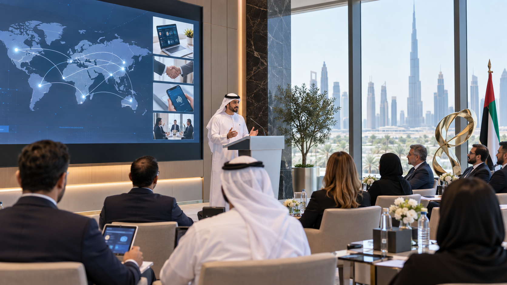 AI-generated editorial illustration for GulfPulse News coverage of Dubai Chamber of Commerce showcases support services to 65 new member companies.