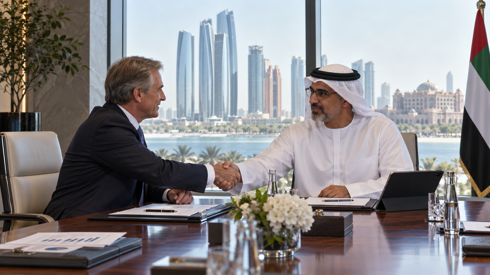 AI-generated editorial illustration for GulfPulse News coverage of Khaled bin Mohamed bin Zayed meets Chair of global investment bank Citigroup.