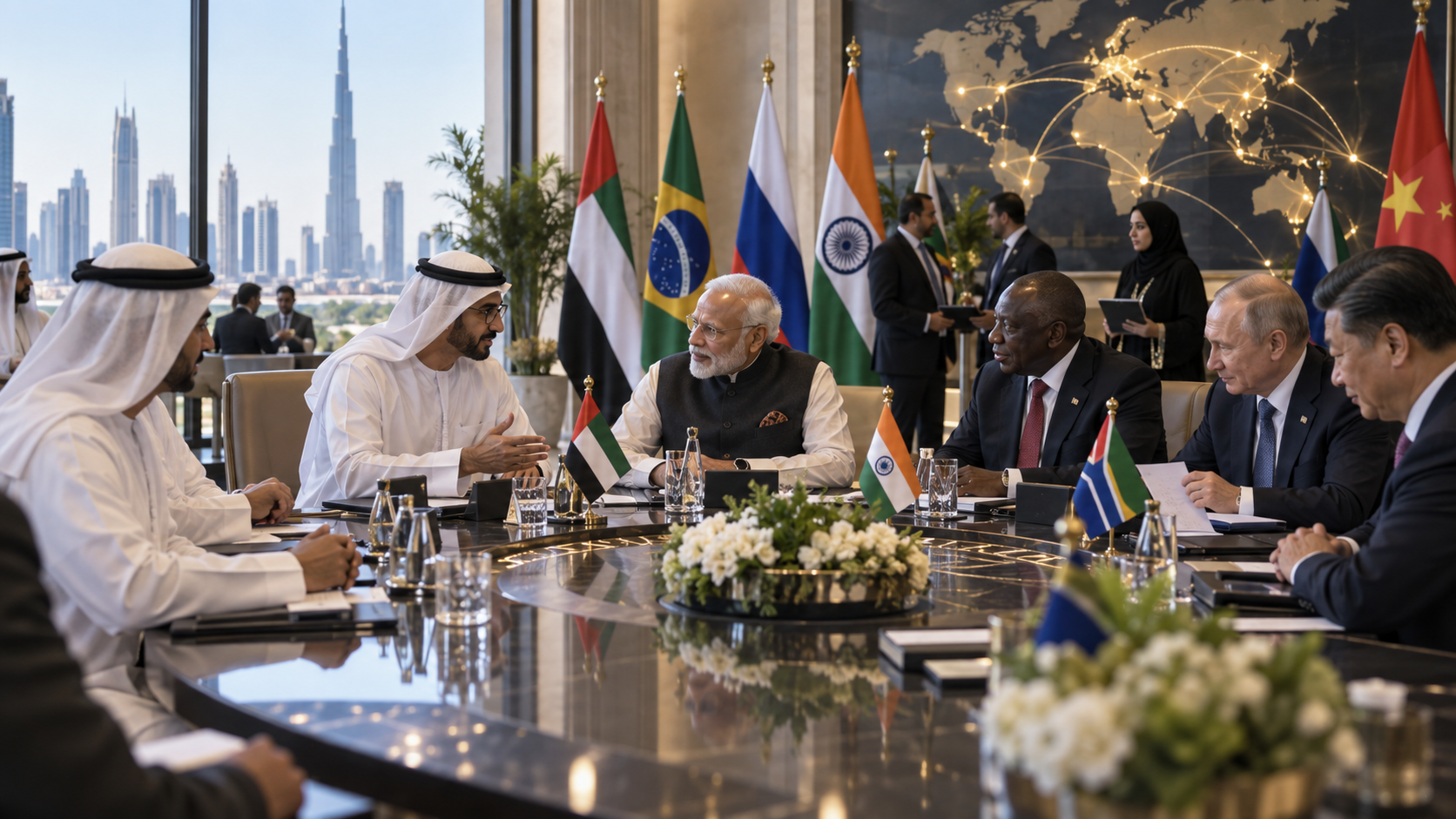 AI-generated editorial illustration for GulfPulse News coverage of UAE’s BRICS membership expands partnerships, strengthens global trade, investment role.