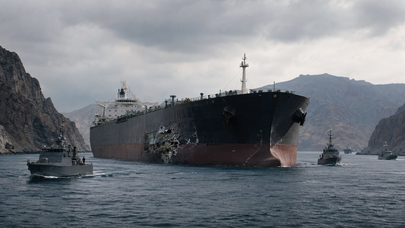 AI-generated editorial illustration for GulfPulse News coverage of Saudi Arabia condemns Iran’s targeting of Saudi tanker in Strait of Hormuz.