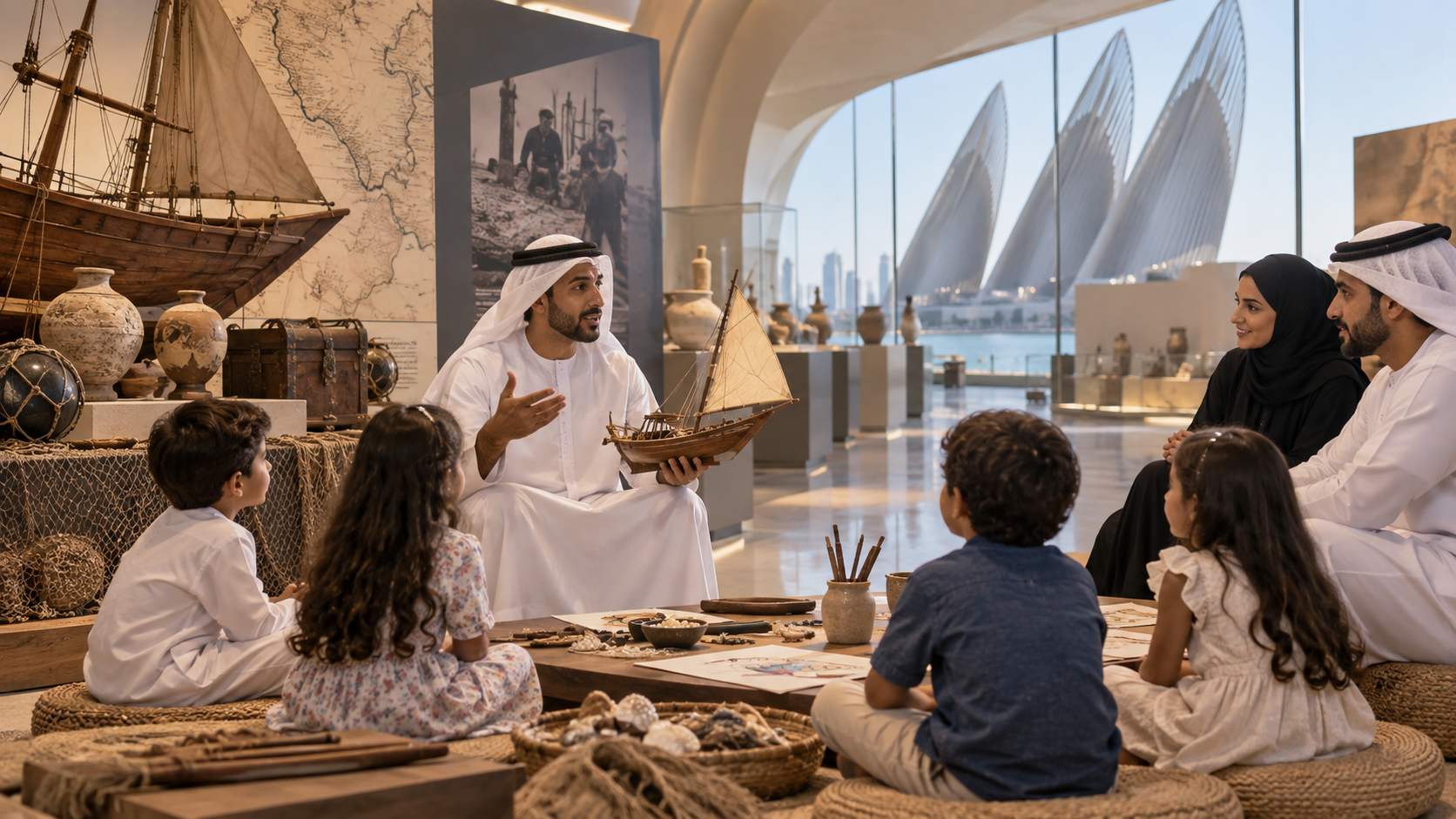 AI-generated editorial illustration for GulfPulse News coverage of Zayed National Museum brings UAE’s stories, heritage to young audiences at ADIBF 2026.