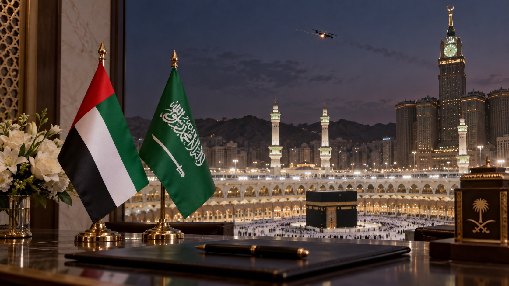 AI-generated editorial illustration for GulfPulse News coverage of UAE strongly condemns Houthi Group’s attempt to target Makkah al-Mukarramah.