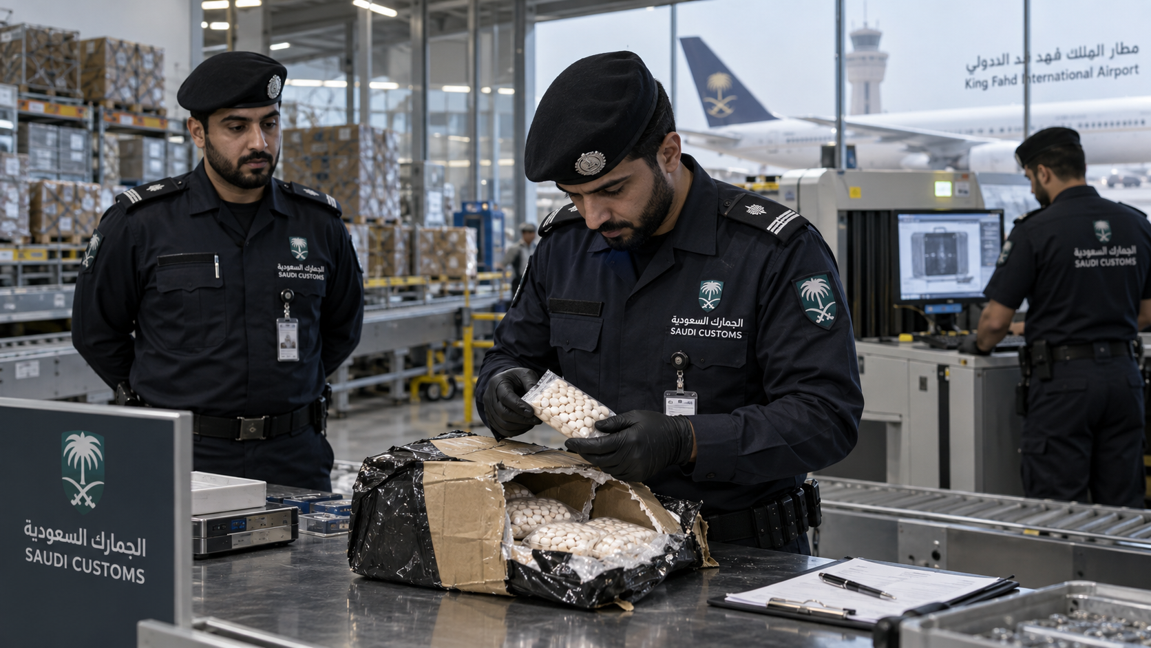 AI-generated editorial illustration for GulfPulse News coverage of Customs foil attempt to smuggle 18,549 amphetamine pills at Dammam airport.