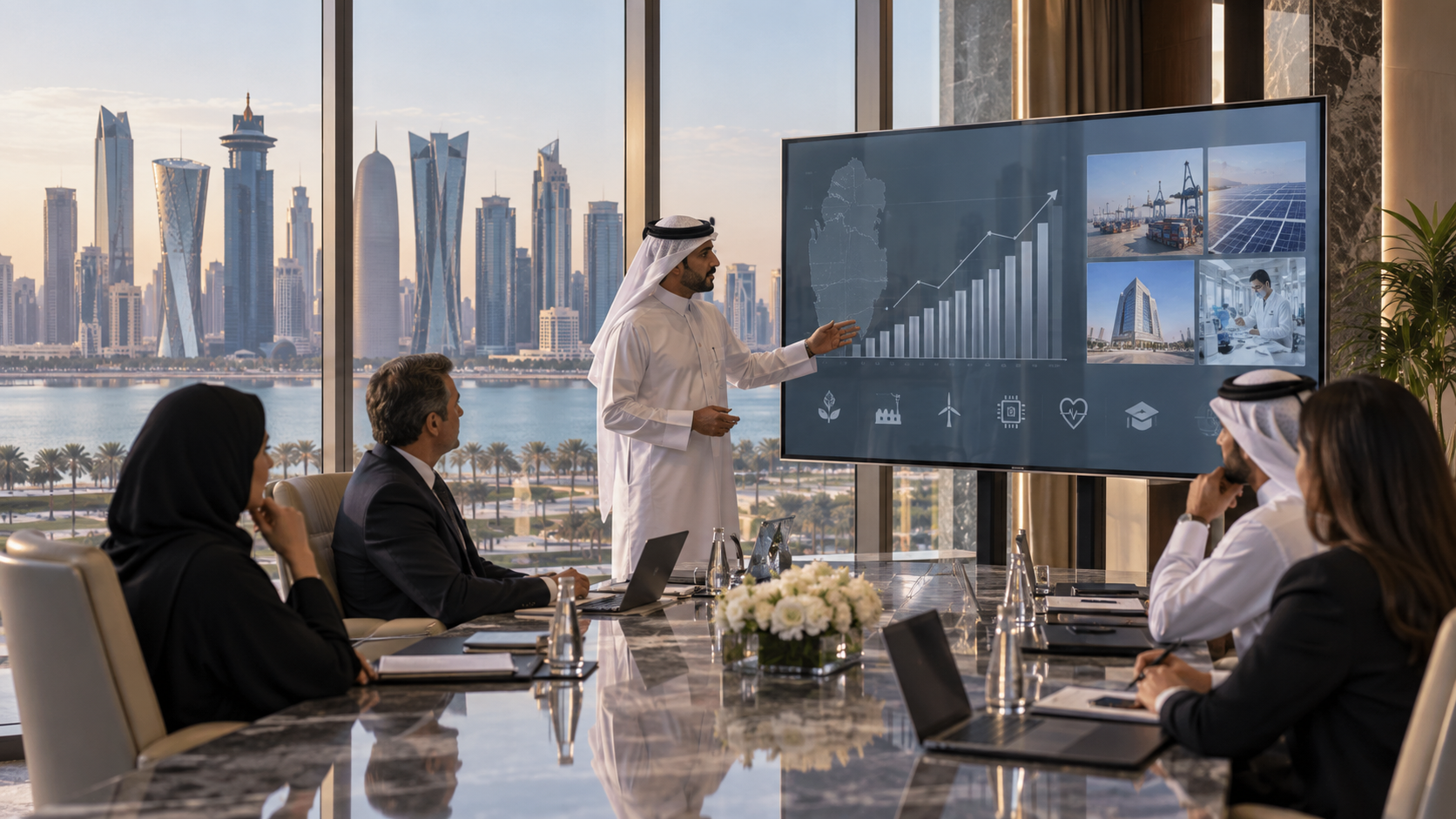 AI-generated editorial illustration for GulfPulse News coverage of Qatar launches Doha Investment platform to grow domestic portfolio.