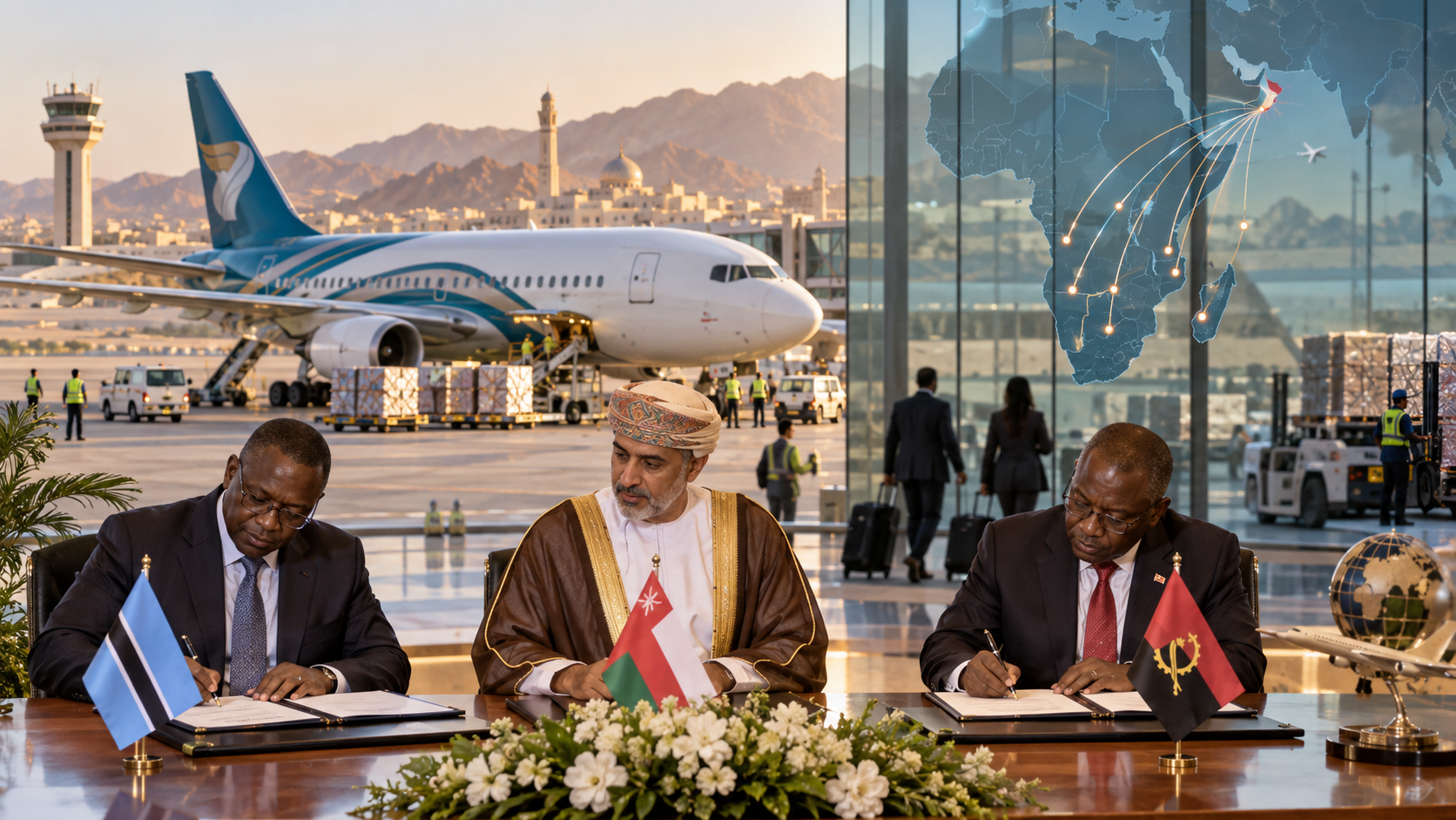 AI-generated editorial illustration for GulfPulse News coverage of Oman expands Africa aviation links with Botswana and Angola agreements.